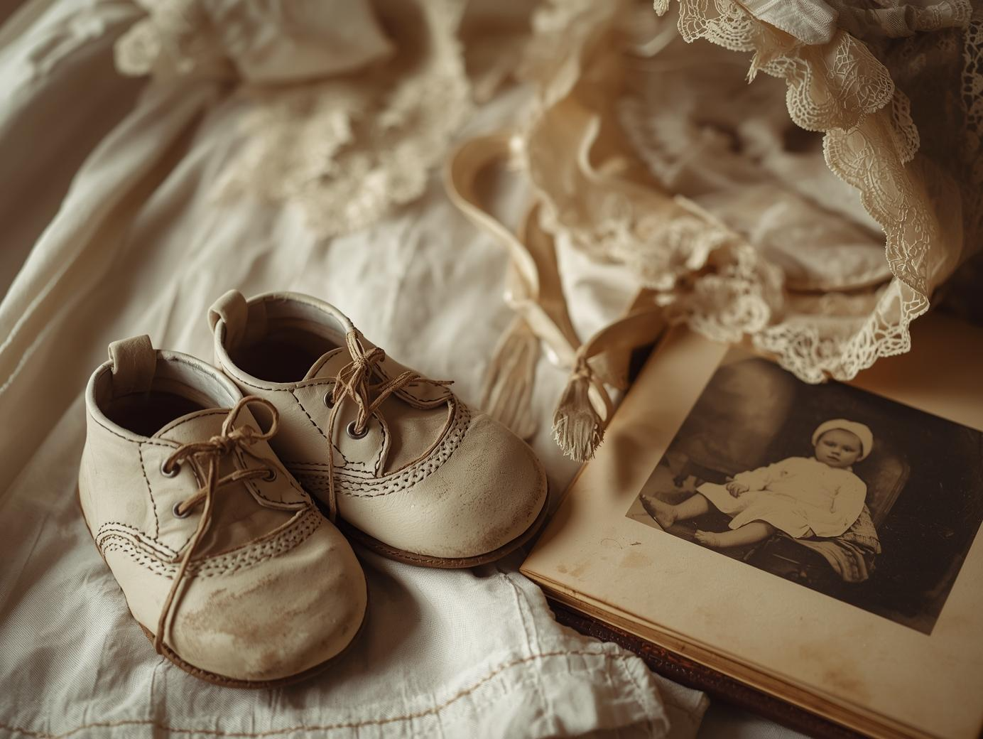 antique baby shoes with a vintage Christening gown and bonnet and antique photo album
